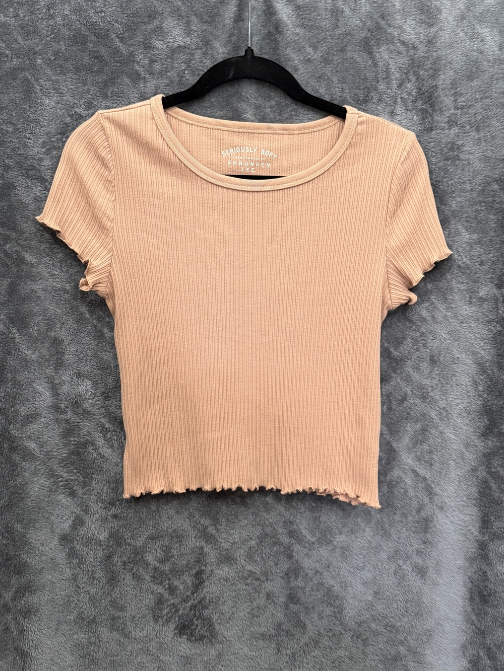 Aeropostale Ribbed Lettuce Hem Crop Top - Taupe